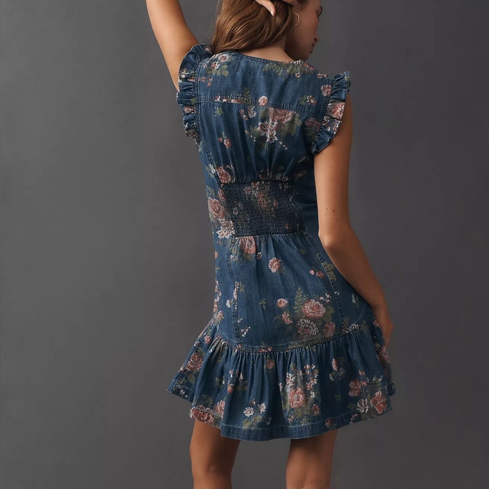Anthropologie Pilcro Ruffled Denim Sweetheart Denim Dress - Picture 3 of 8